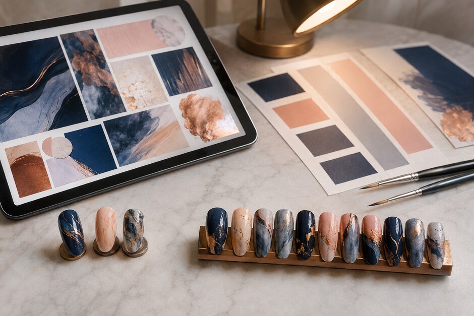 A digital mood board, palette swatches, test tips, and a completed coordinated nail set.