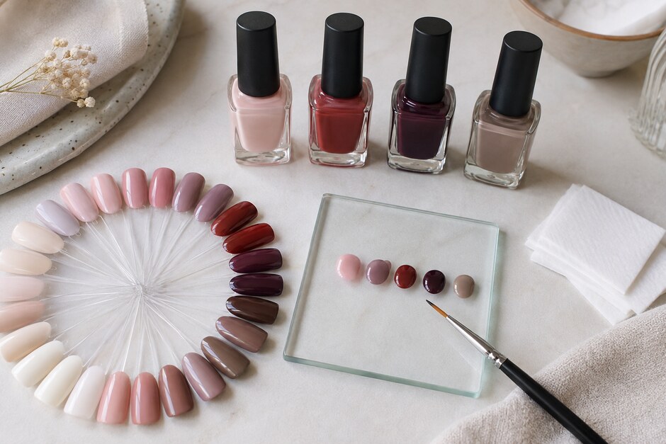 Five unbranded nail polishes with a coordinated swatch fan and controlled color tests.