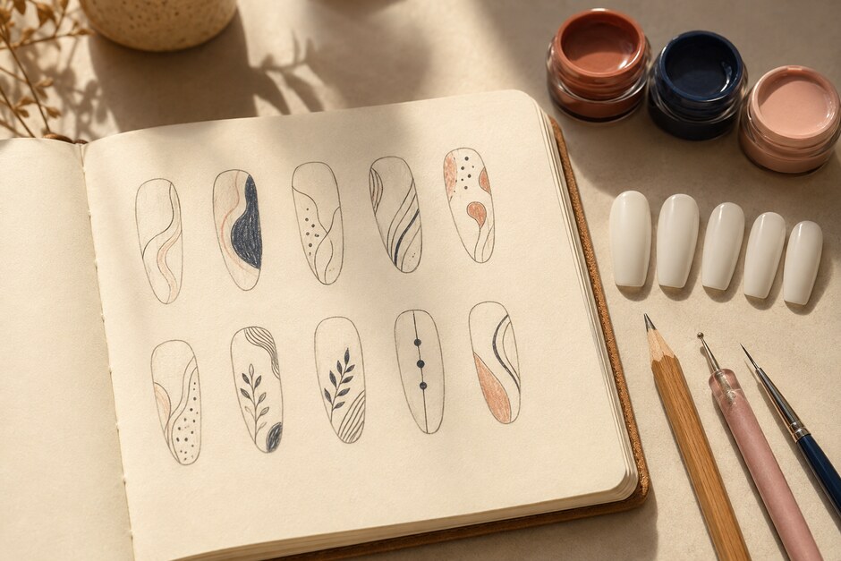 An open notebook with ten nail-design sketches beside blank tips and fine nail-art tools.