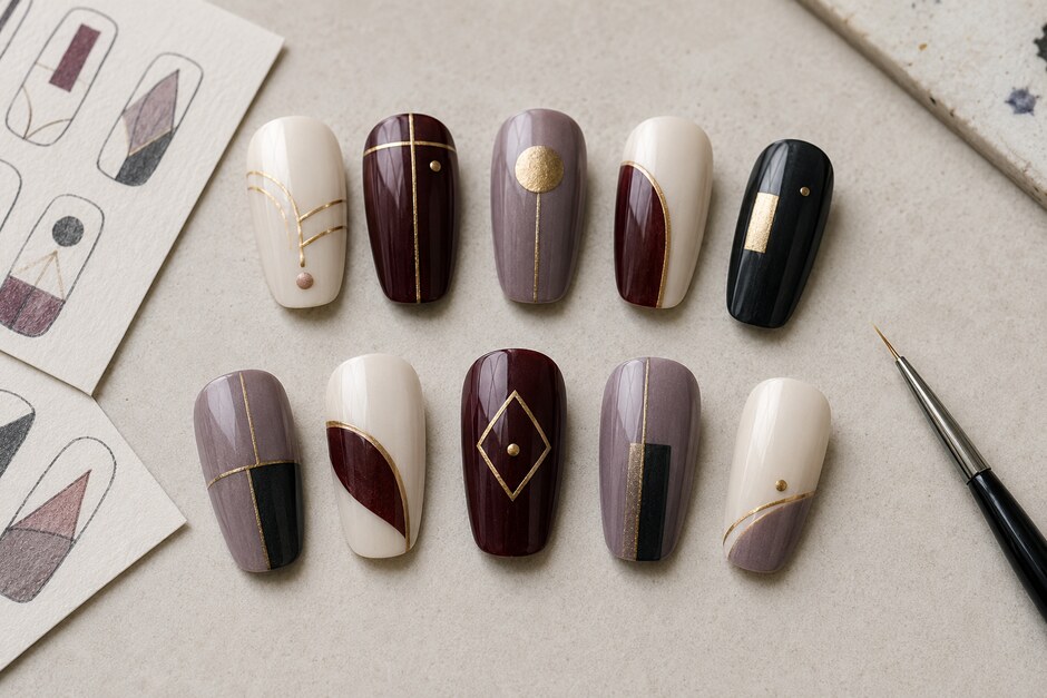 A coordinated press-on nail set using repeated geometric motifs, variation, and focal accents.
