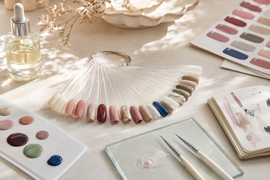 A bright nail-design worktable with polish swatches, display tips, brushes, and a design notebook.