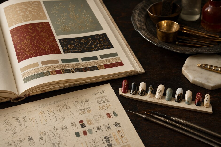 Vintage-inspired pattern references beside modern nail tips that translate color and ornament.